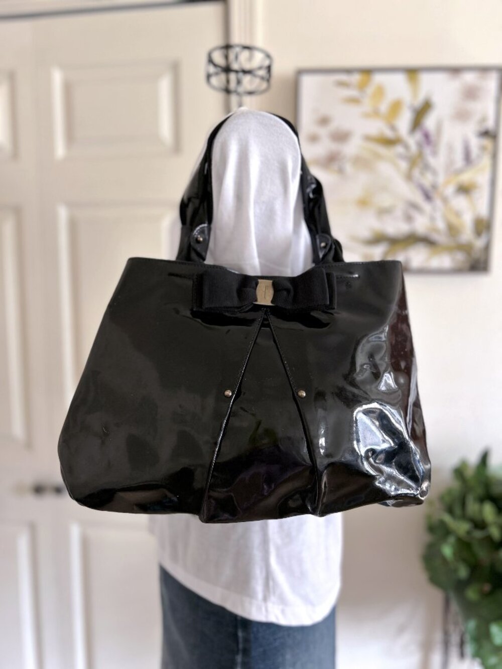 Salvatore Ferragamo Black Patent Leather Tote with Bow Accent